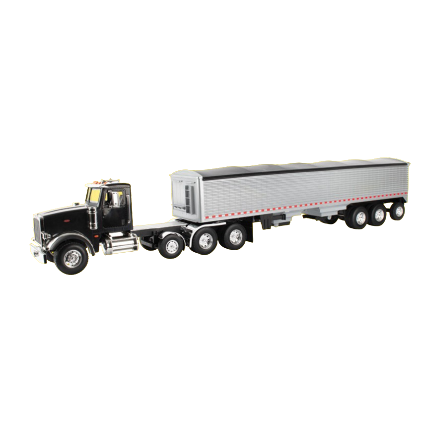 Black Peterbilt truck model with attached silver grain trailer in detailed 1:16 scale replica design