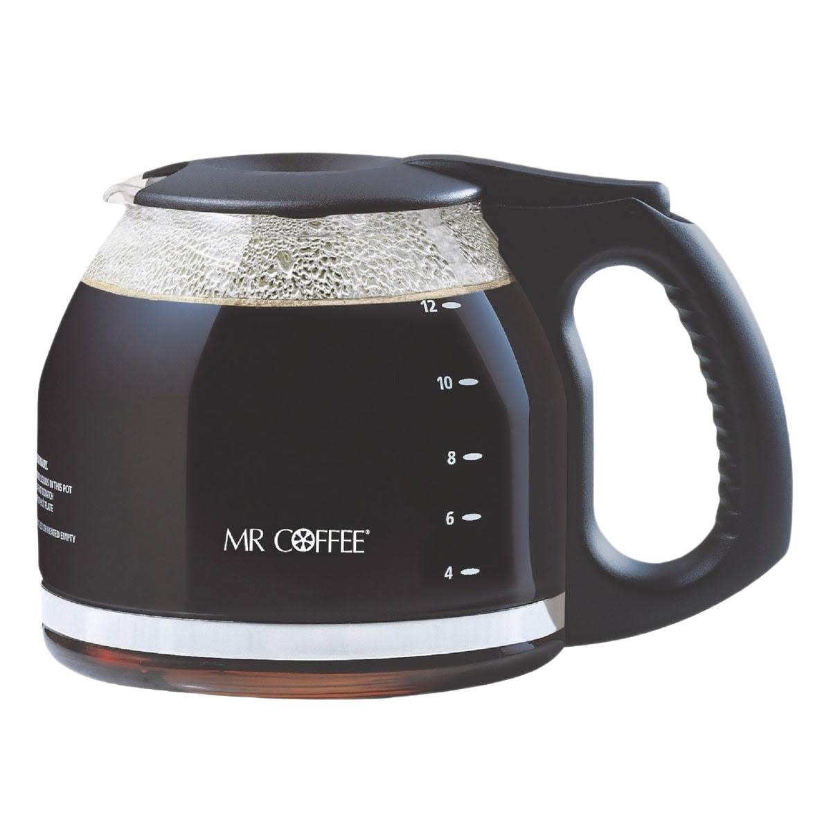 Black glass coffee decanter with ergonomic handle and 12-cup capacity in kitchenware and under $50 collections