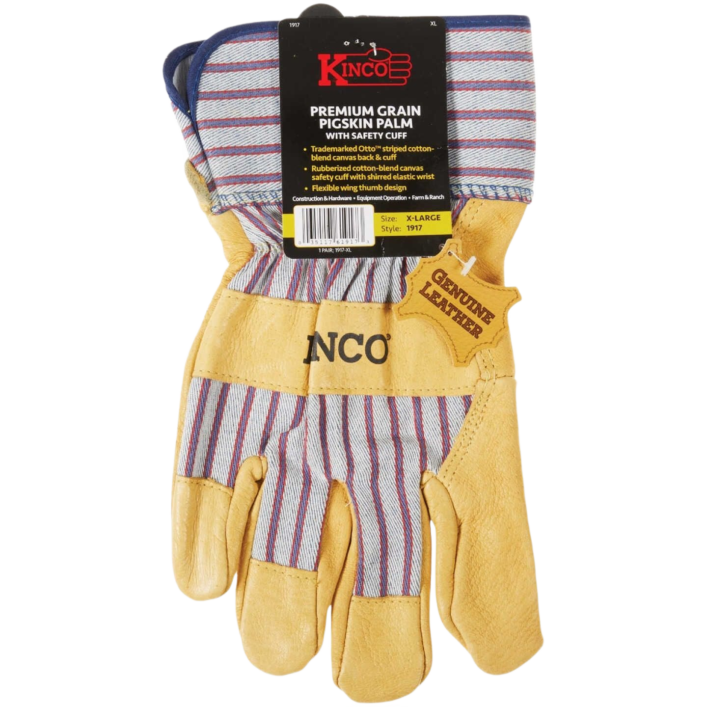 Large golden pigskin palm work gloves with striped cotton safety cuffs for tools and home improvement tasks