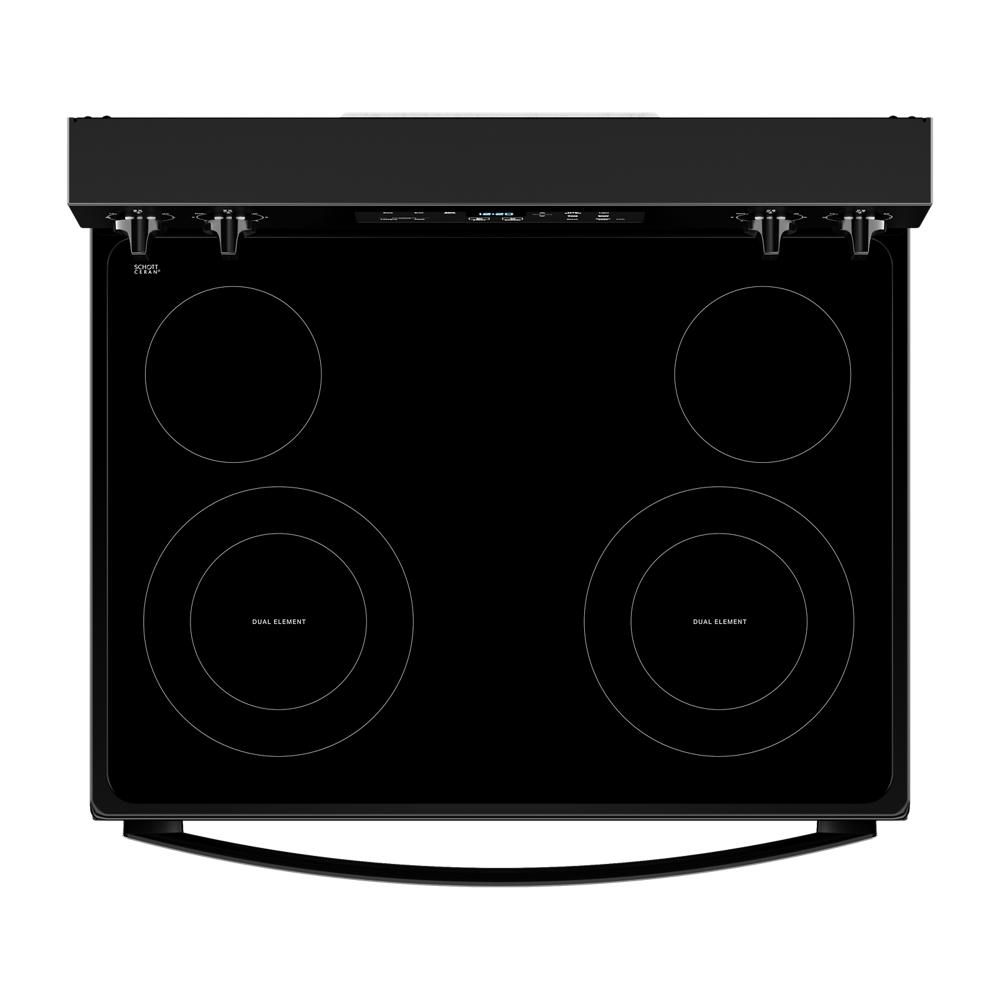 top view of black 30-inch electric range with smooth cooktop and four dual electric burners for kitchen appliances