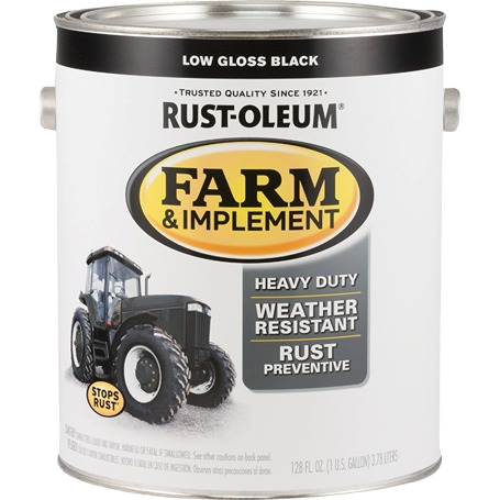 1 gallon can of Rust-Oleum low gloss black enamel for farm equipment, weather resistant and rust preventive paint