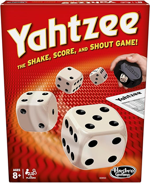 Red packaging of Hasbro Yahtzee game featuring dice in motion and a hand shaking dice cup for family game nights