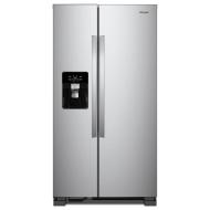 Stainless steel side-by-side refrigerator with water and ice dispenser in kitchen appliances collection