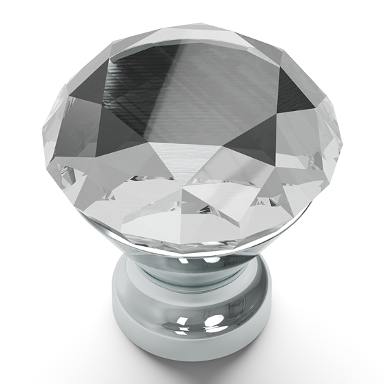 Faceted glass knob with chrome base designed for cabinet and furniture hardware in home improvement projects