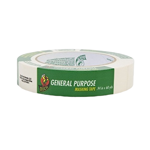 Roll of general purpose masking tape with green and white label for home improvement and painting projects