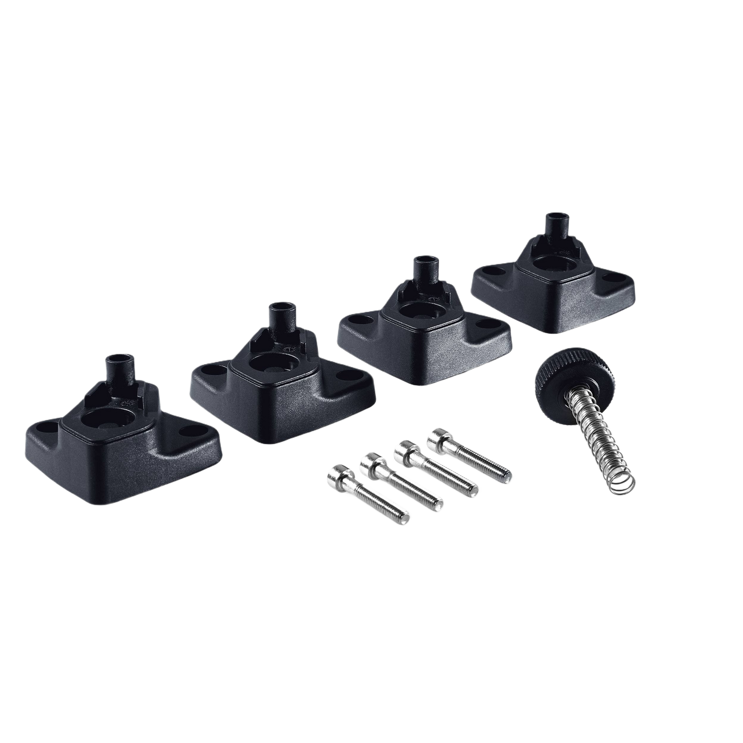 Set of black elevation feet with mounting screws designed for saw accessories in tool and power tool collections
