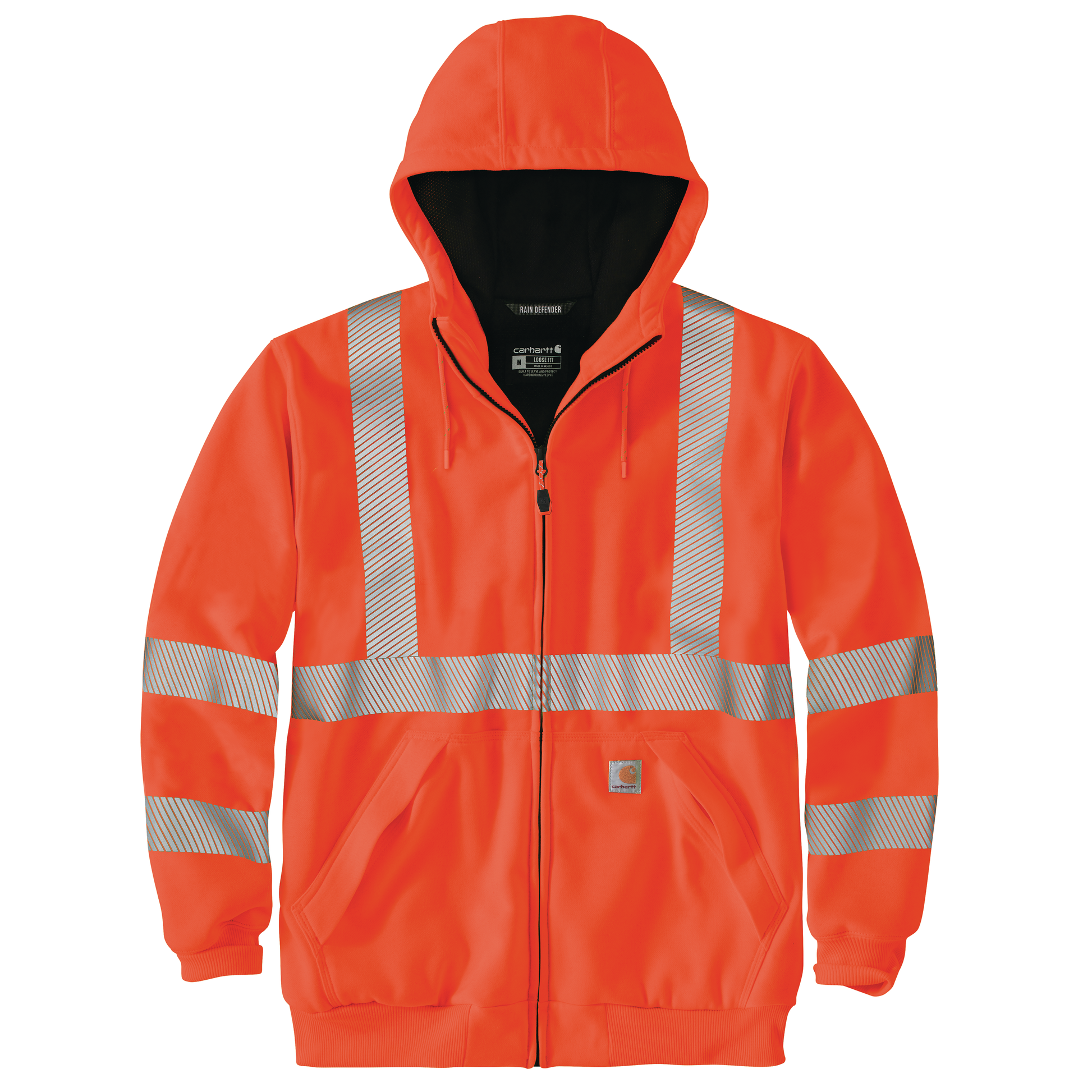 Men’s high-visibility thermal-lined full-zip sweatshirt in bright orange with reflective striping, hood, and front pockets from Carhartt’s workwear collection.