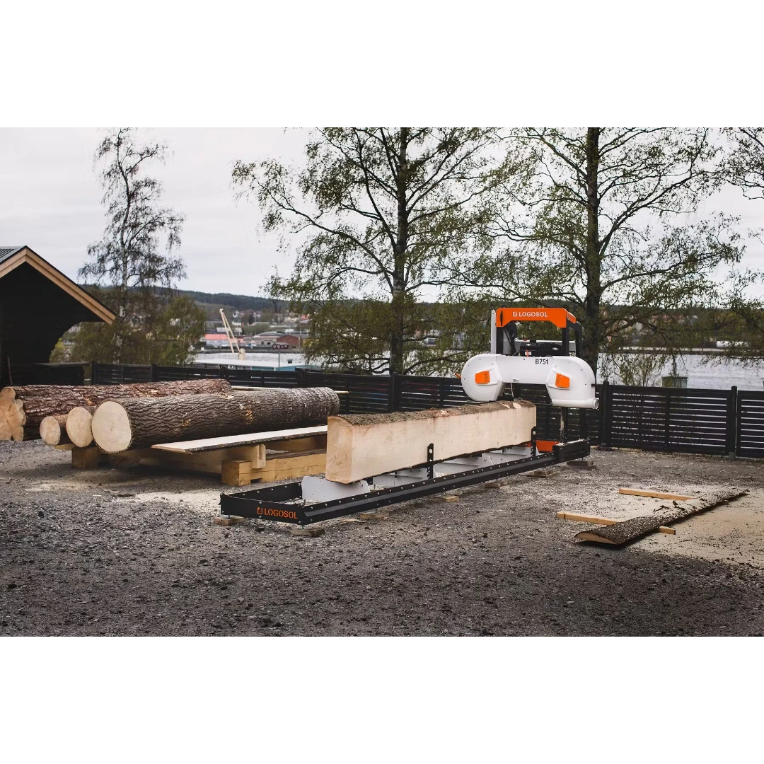 Outdoor band sawmill cutting a large log on a gravel surface for woodworking and home improvement projects