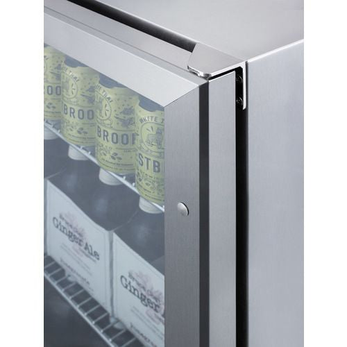 Commercial-grade outdoor beverage center in stainless steel with glass door and wire shelving for refrigerators and kitchenware collections