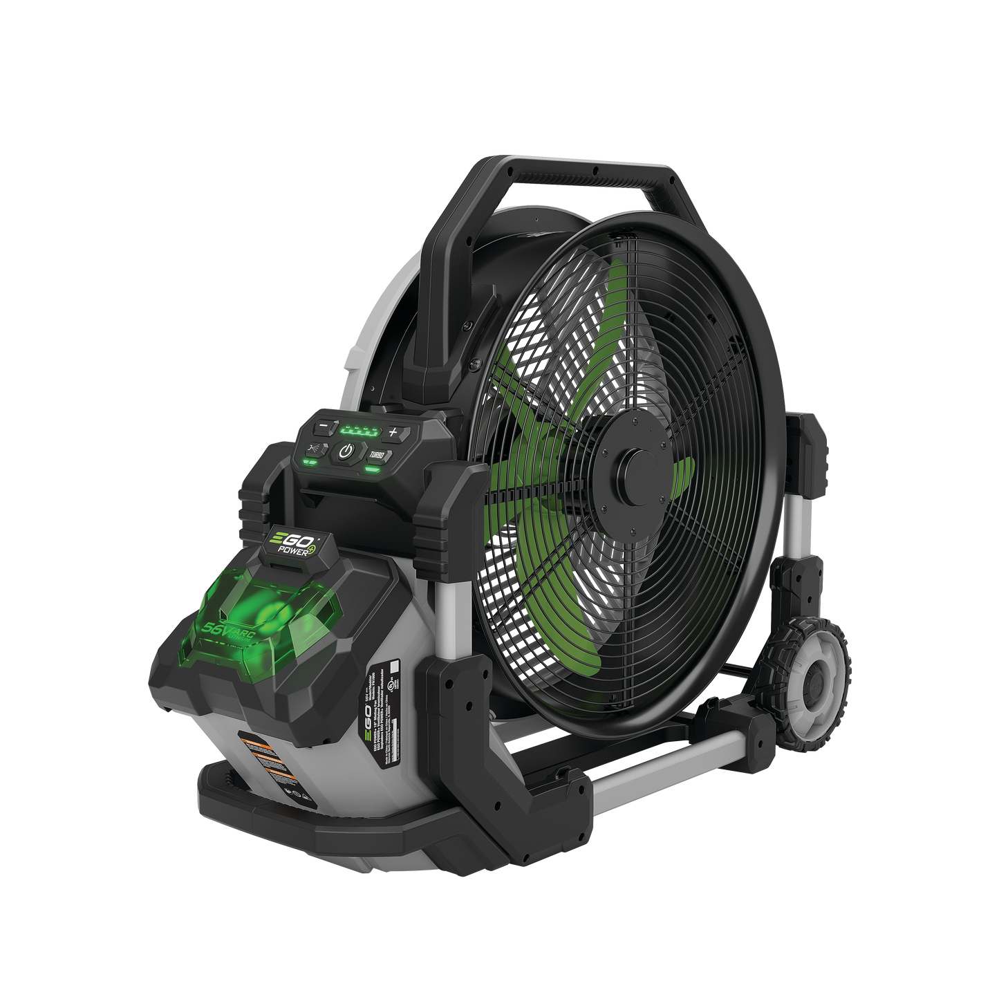 Battery-powered 18-inch misting fan with green blades for cooling in tool accessories and portable power collections