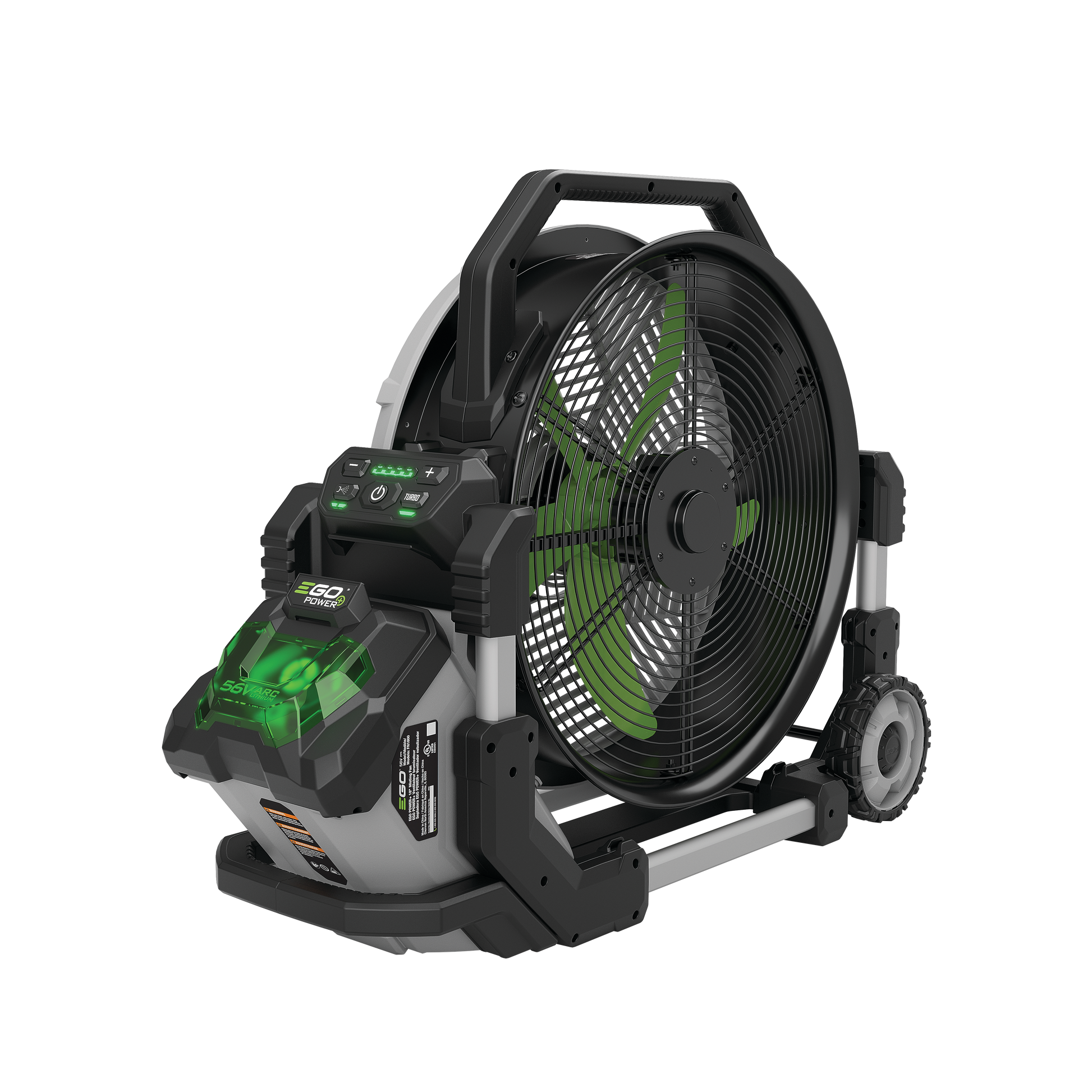 Battery-powered 18-inch misting fan with green blades for cooling in tool accessories and portable power collections