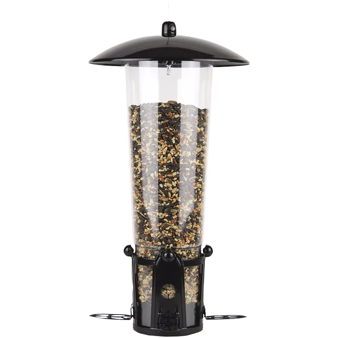 Clear plastic bird feeder with black top and base featuring flexports and 3-pound seed capacity for outdoor use