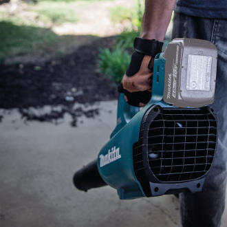 Person holding teal Makita cordless blower in outdoor setting for home improvement and yard cleanup tasks