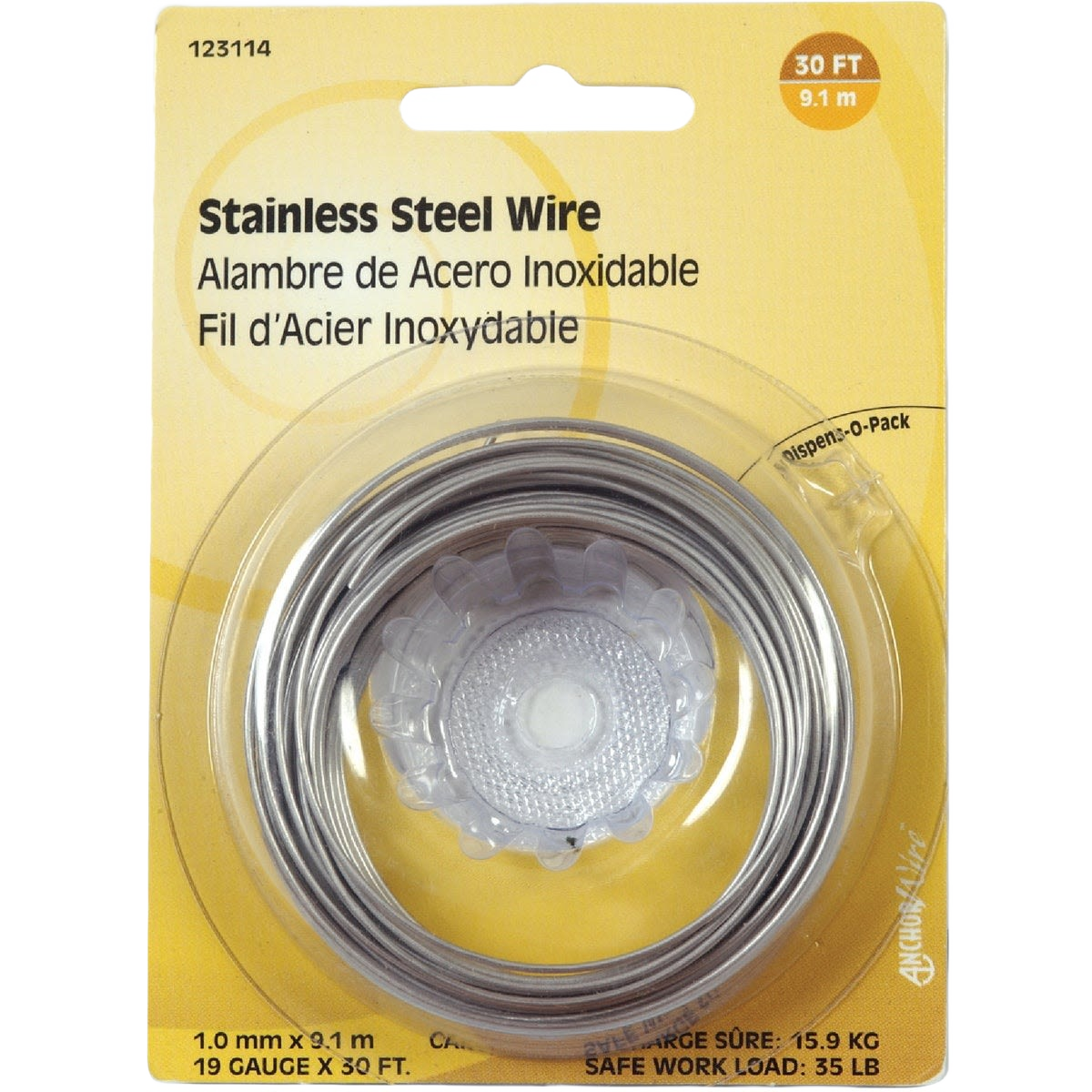 30-foot stainless steel wire coil in dispenser pack for hardware, fasteners, and home improvement projects
