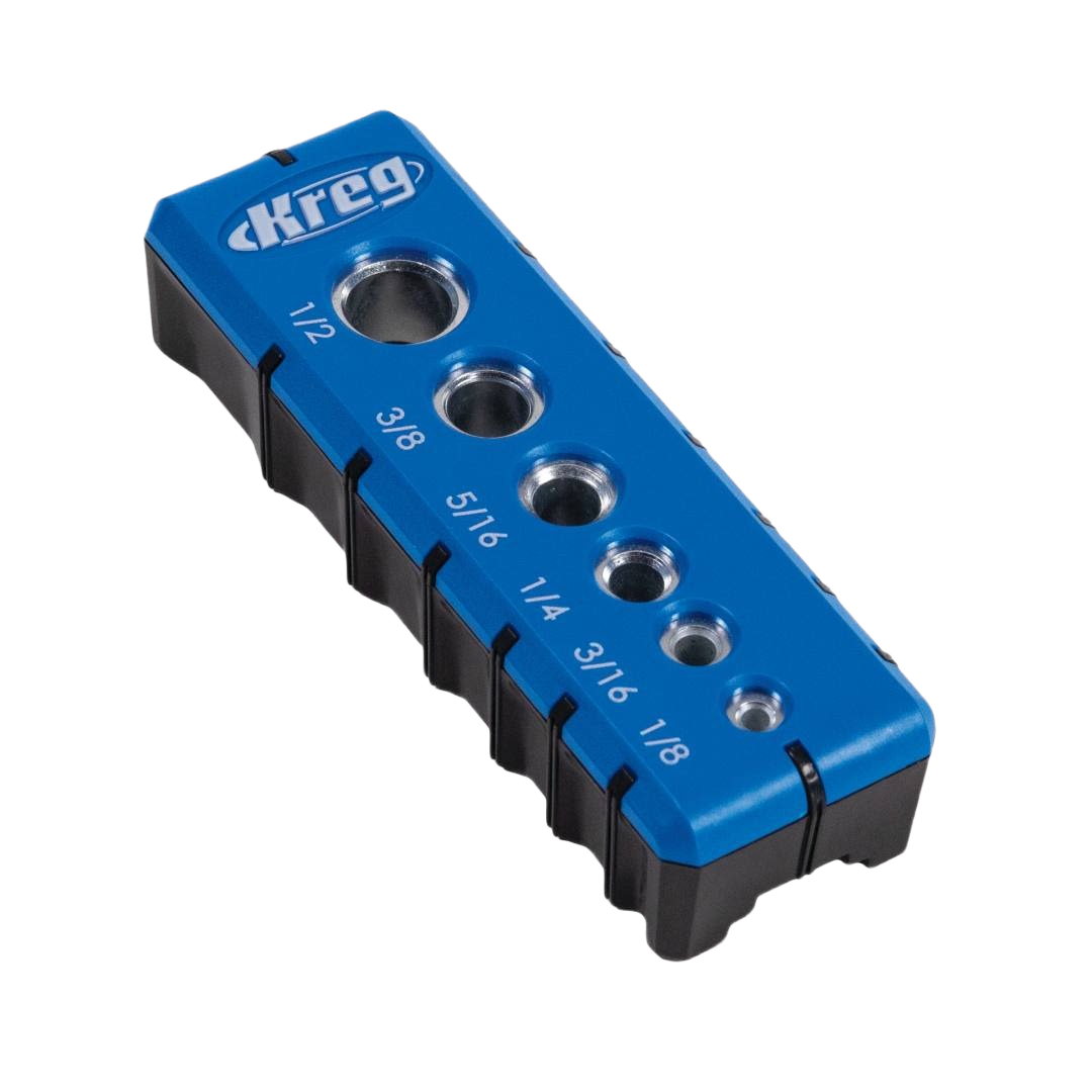 Blue and black drilling guide with six steel drill guides in various sizes for precise hole drilling in tool accessories collections