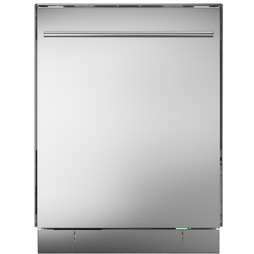 Modern stainless steel dishwasher with minimalist handle and status indicator light for kitchen and appliances collection