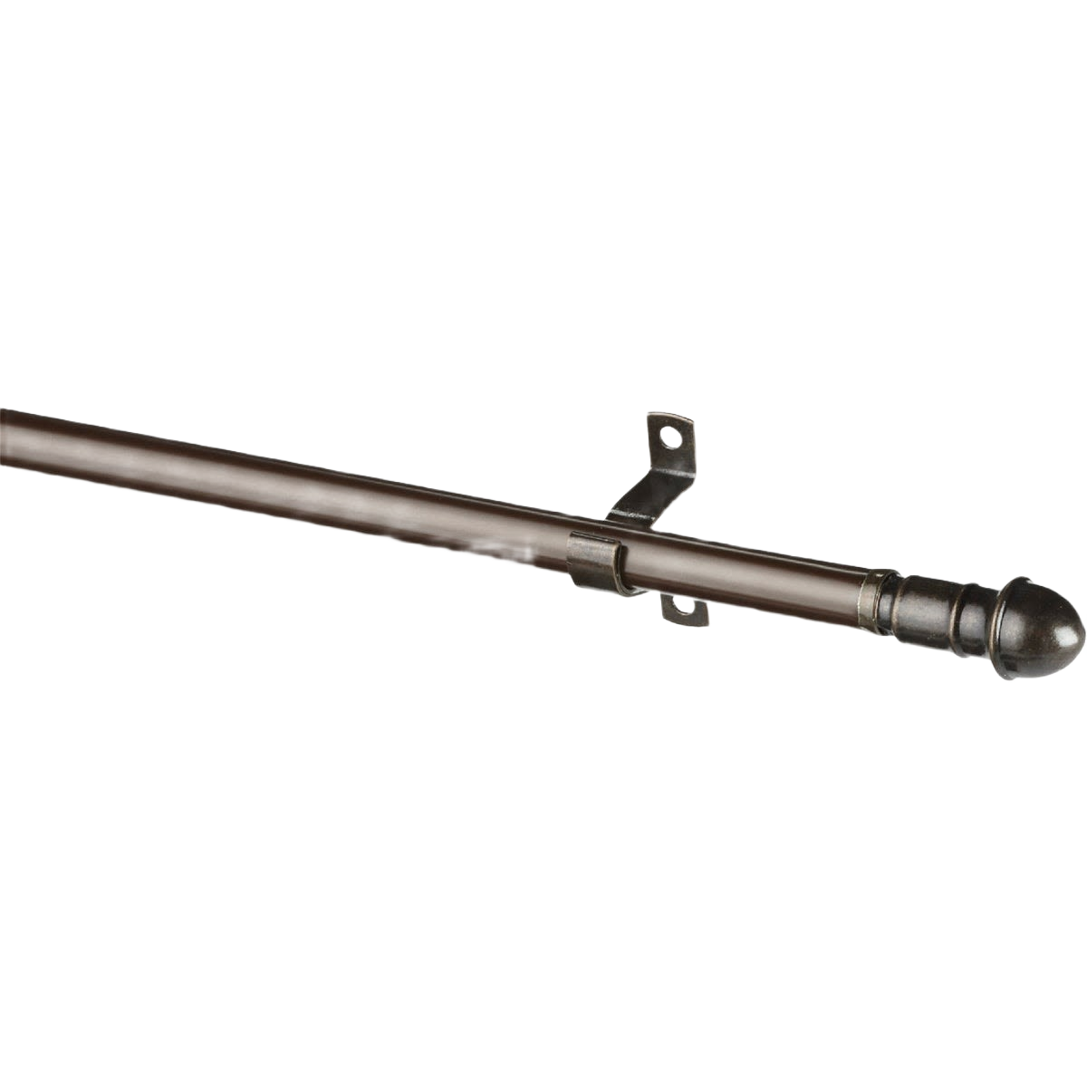 Bronze-finished cafe curtain rod with decorative finial and metal bracket for wall mounting in home decor.