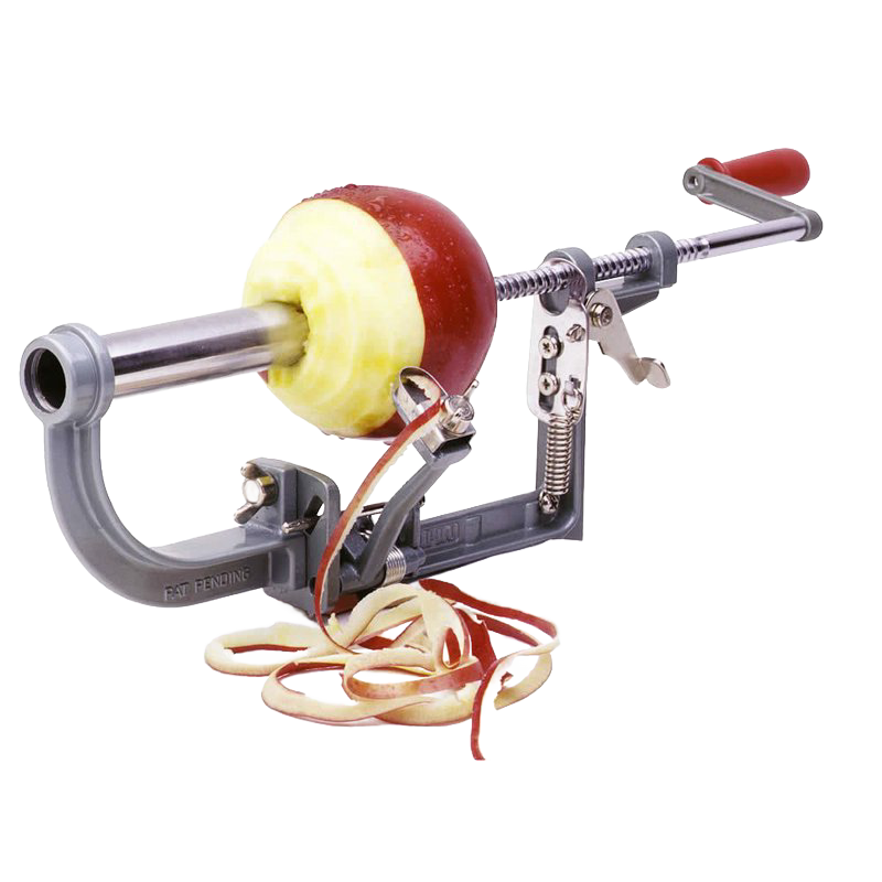 Metal clamp-on apple peeler with red handle peeling a red apple on white background in kitchenware tools