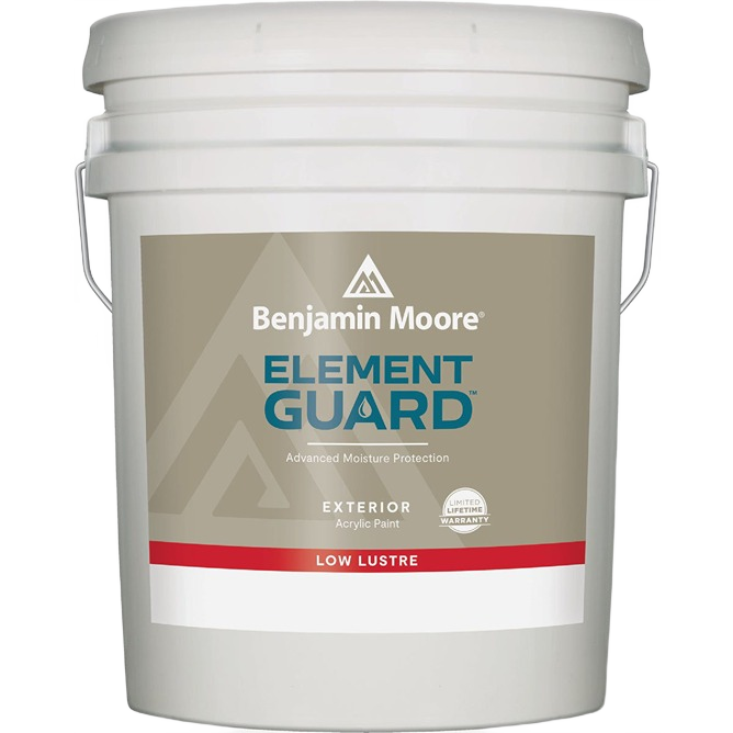 5-gallon bucket of Benjamin Moore Element Guard white exterior low lustre acrylic paint for home improvement and exterior paint supplies