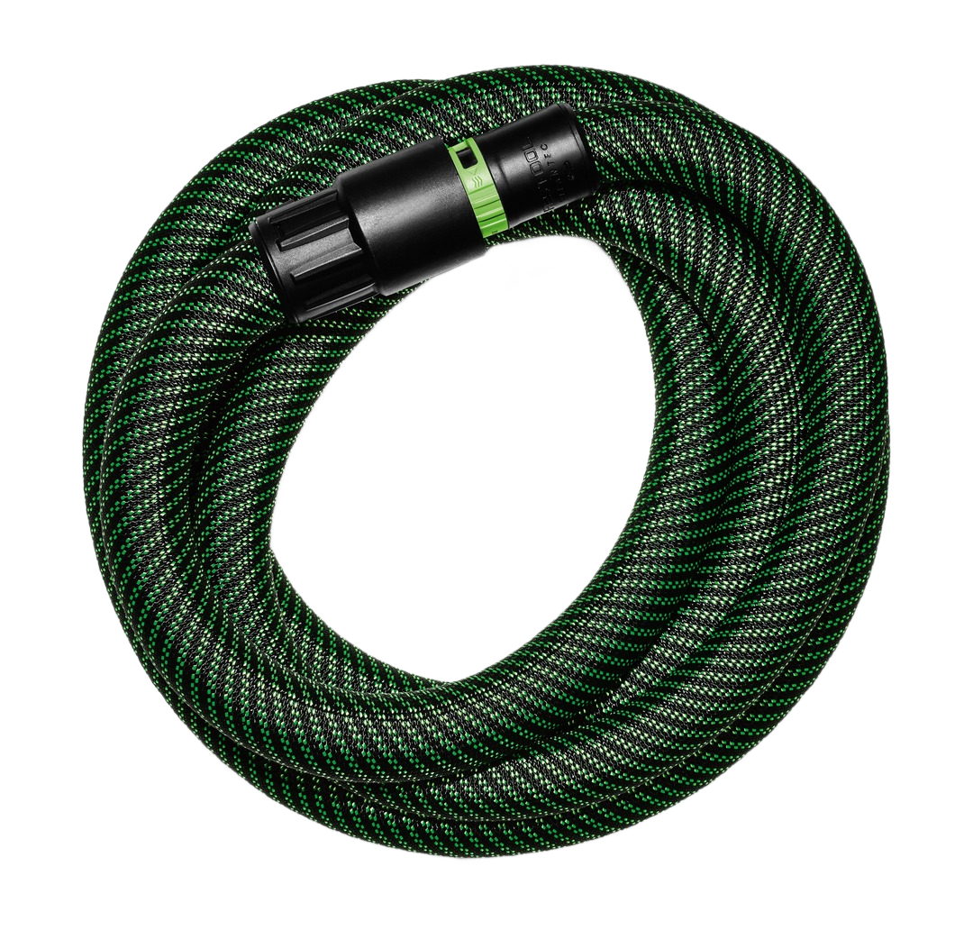 Coiled green and black anti-static extractor hose with connector for Festool dust collection and woodworking tools