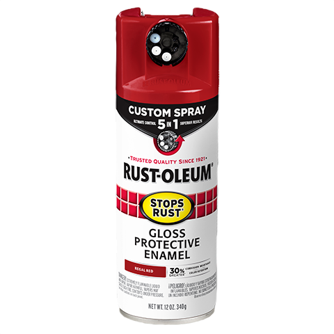 Glossy Regal Red spray paint can with 5-in-1 custom spray feature for Home Improvement and Rust Oleum collections under $50