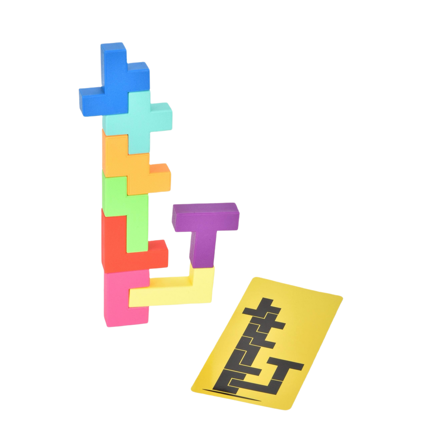 Colorful interlocking puzzle pieces assembled vertically next to a yellow card displaying the puzzle pattern for reference