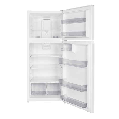 Open white top freezer refrigerator with clear door bins and adjustable interior shelving from kitchen appliances collection