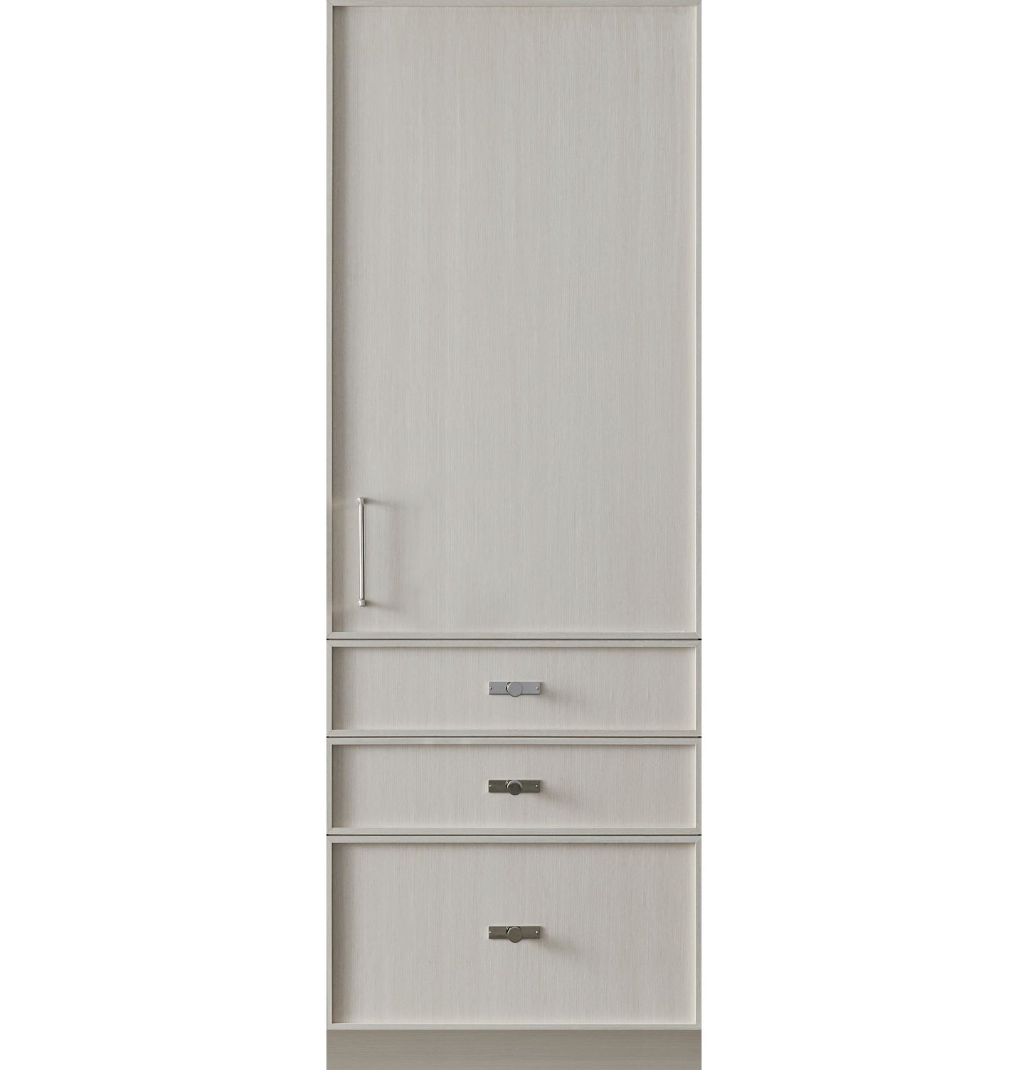 Panel-ready integrated freezer column with wood grain finish and brushed metal handles in kitchen appliances collection