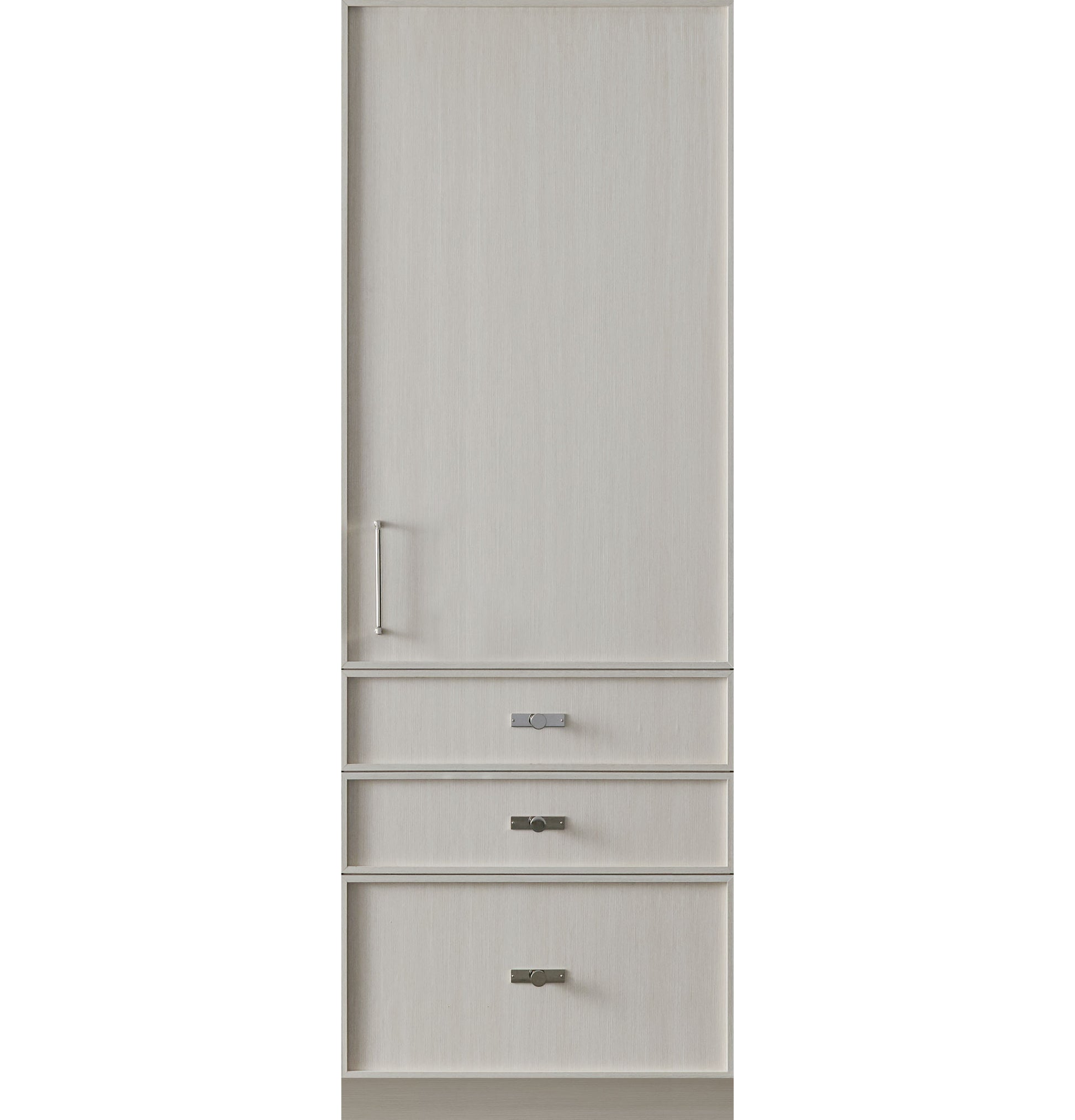 Panel-ready integrated freezer column with wood grain finish and brushed metal handles in kitchen appliances collection