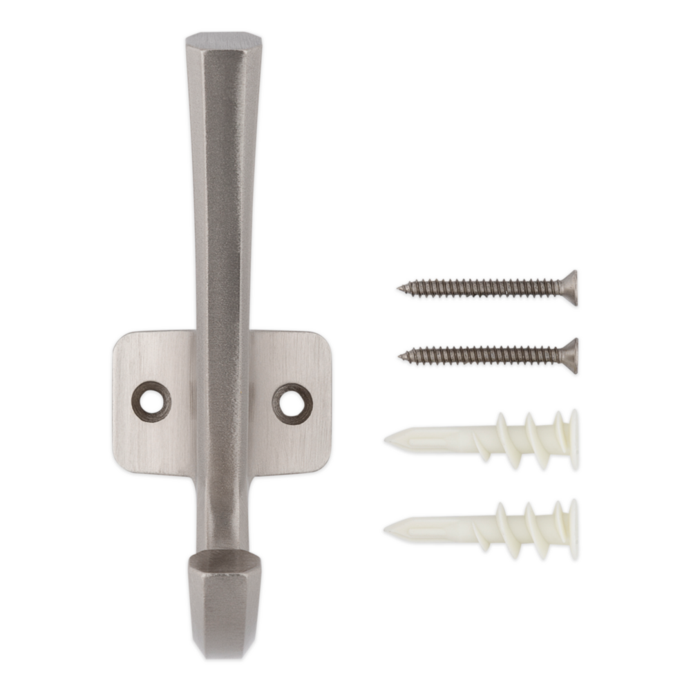 Satin nickel angled hook with mounting screws and wall anchors for home storage and organization under 50 tools