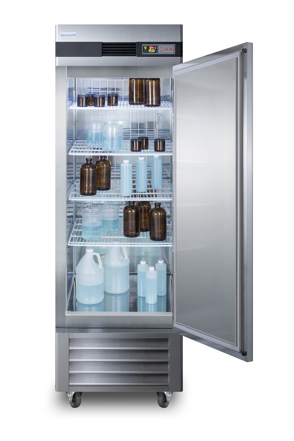 Stainless steel upright pharmacy refrigerator with open door displaying shelves stocked with chemical and medical bottles