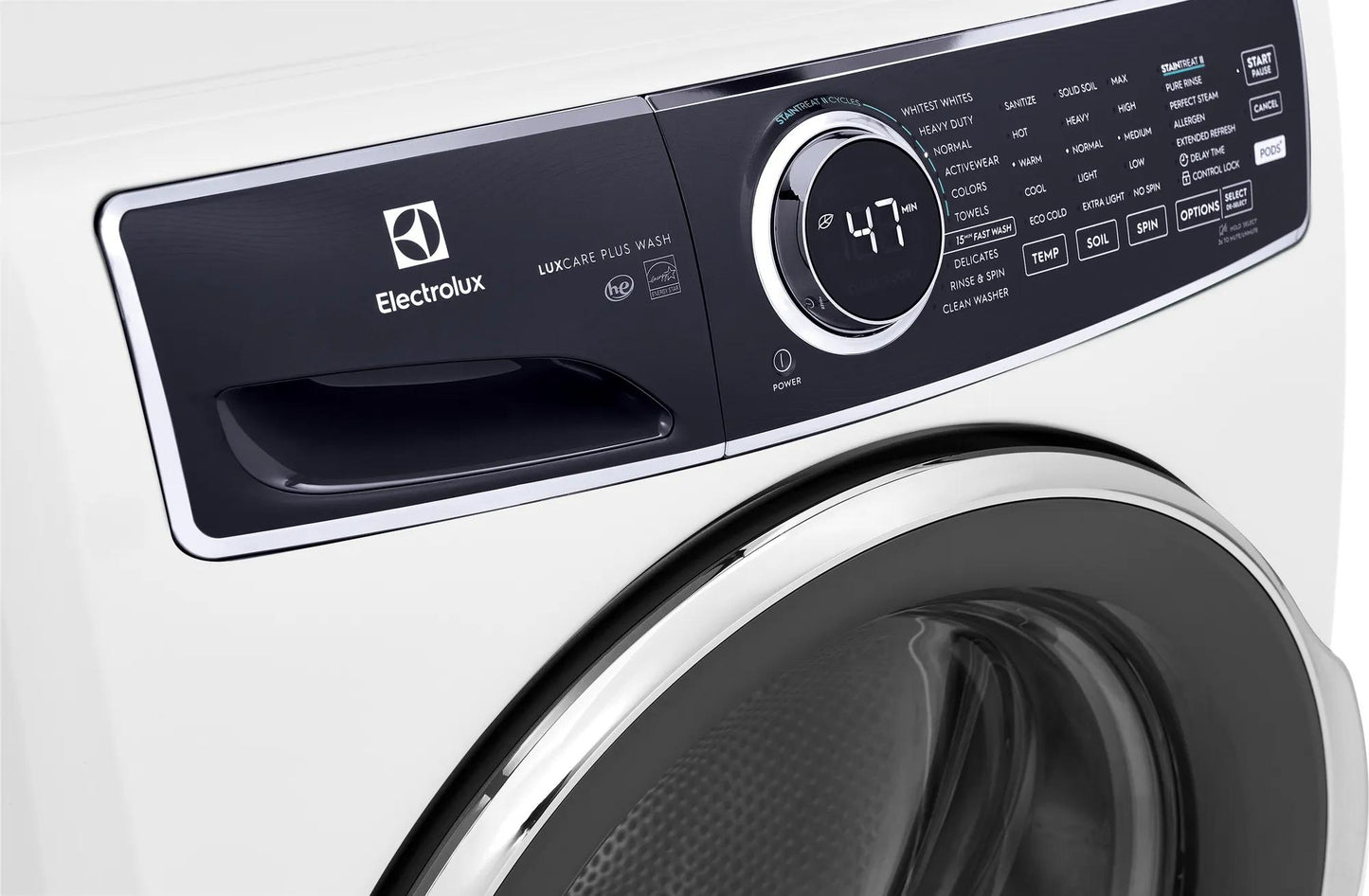 Close-up of white front load washer control panel with digital display and cycle options from washers and dryers collection