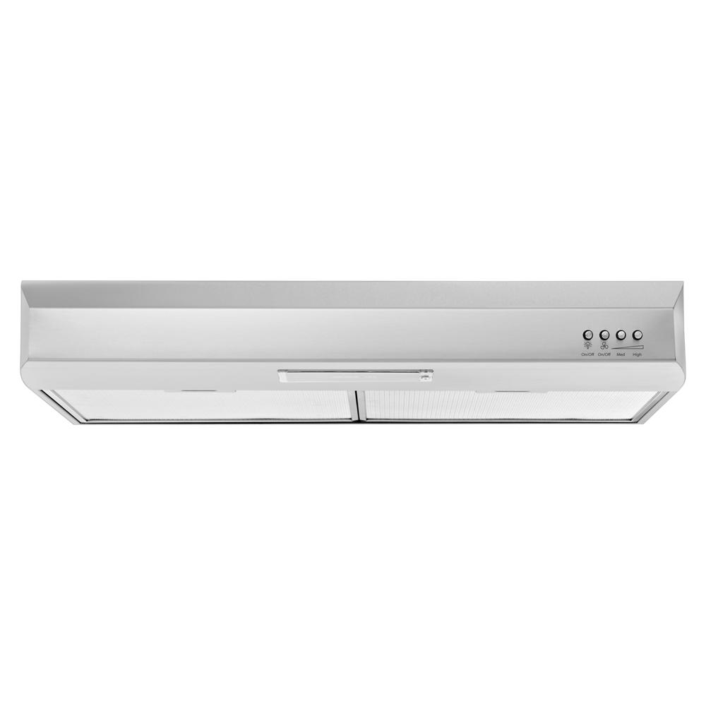 Under-cabinet vented range hood in brushed metal finish with push-button controls for kitchen ventilation and home improvement