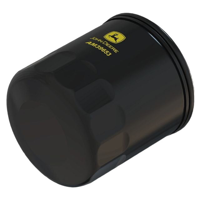 Black cylindrical transaxle oil filter with yellow branding, for automotive lubricants and John Deere parts collections