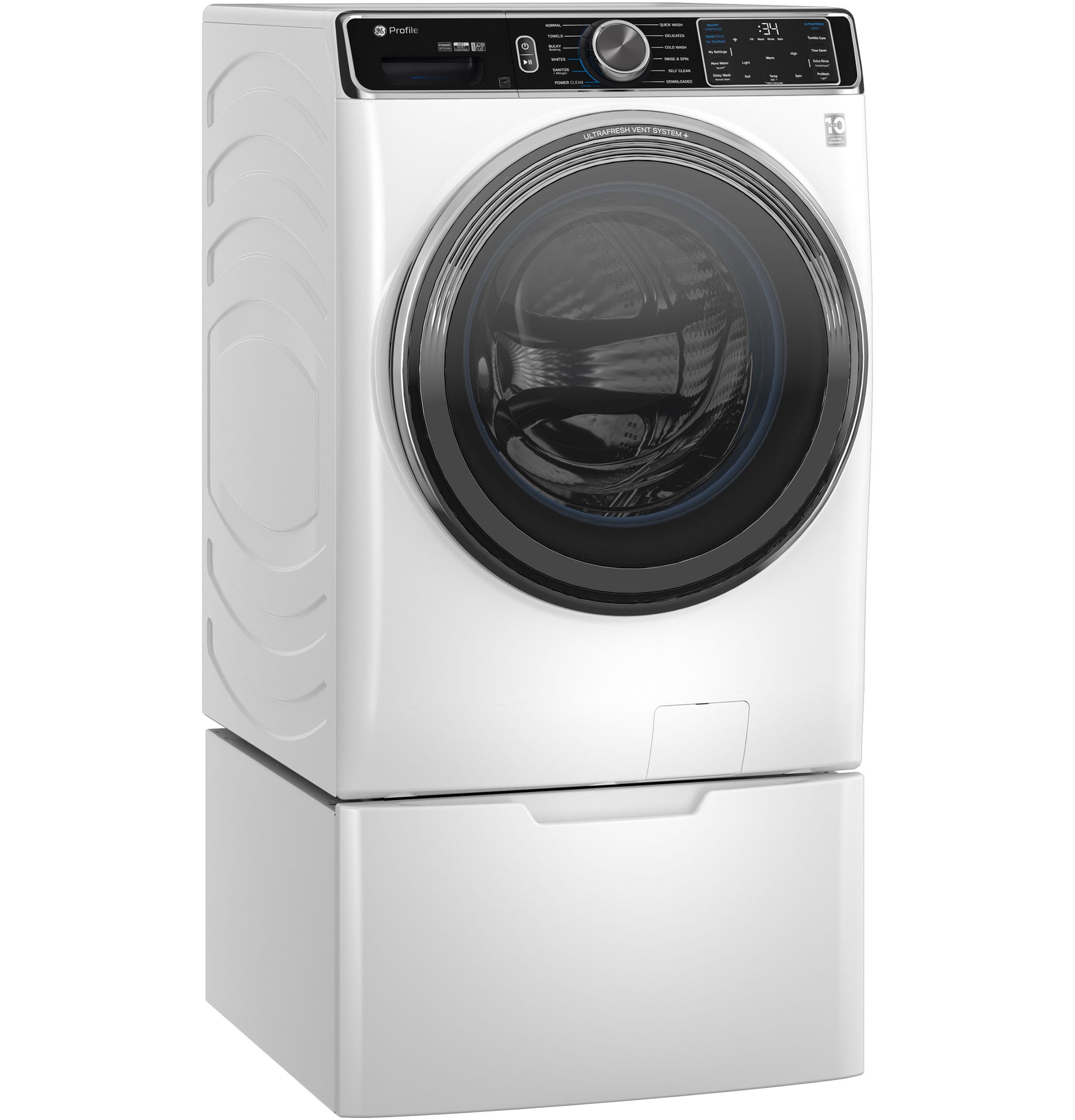 White smart front load washer with digital controls and UltraFresh™ Vent System+ on a pedestal base