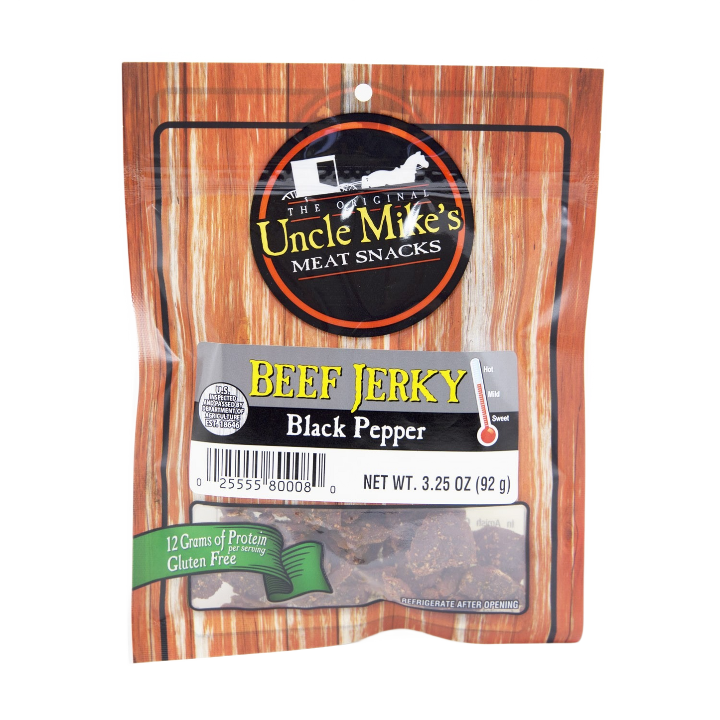 Wood-grain style package of Uncle Mike's Black Pepper Beef Jerky, part of Chips & Snacks and Food & Beverage collections