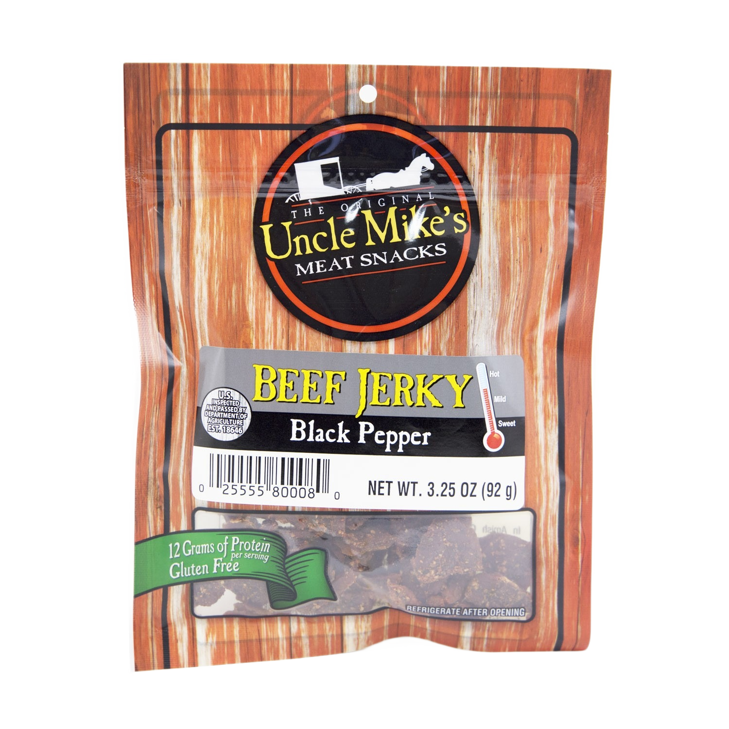 Wood-grain style package of Uncle Mike's Black Pepper Beef Jerky, part of Chips & Snacks and Food & Beverage collections