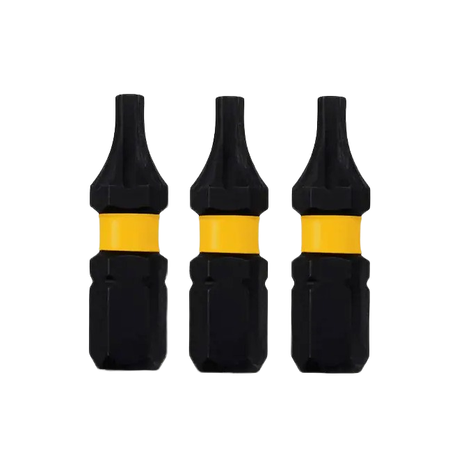 Set of three black and yellow impact ready T10 bits for power tool accessories and home improvement projects