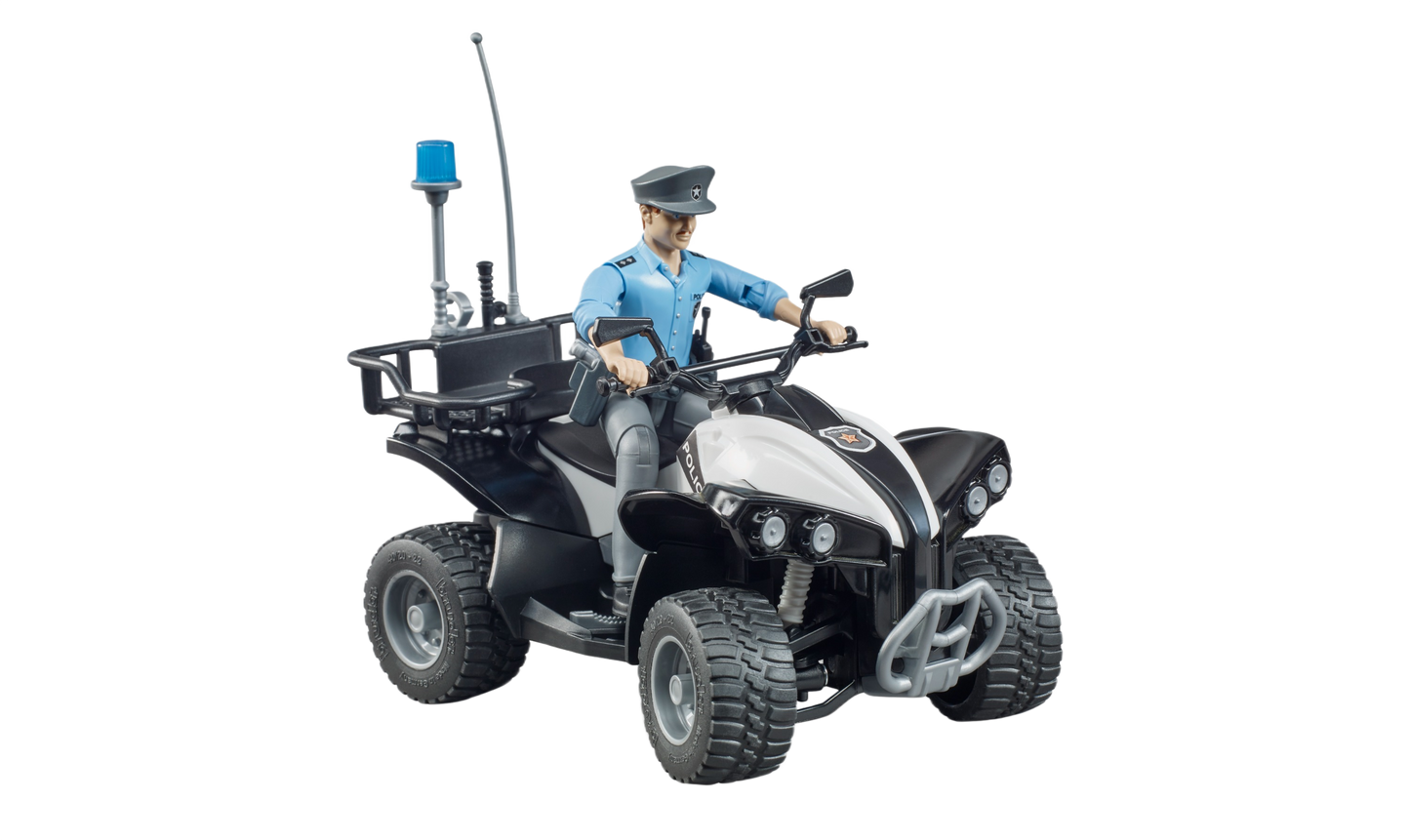 Detailed police quad vehicle toy with light skin officer figure and functional accessories from Bruder Toys collection