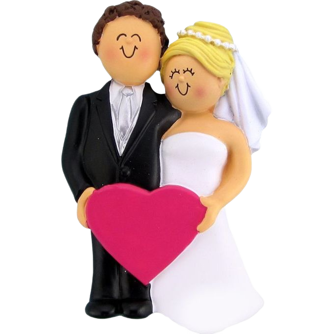 Personalized wedding ornament featuring a brunette groom and blonde bride holding a pink heart for Christmas décor