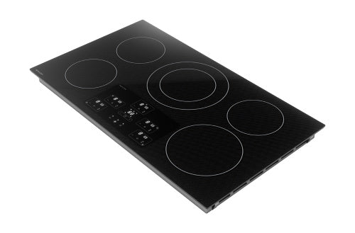 36-inch electric cooktop with five cooking zones, digital touch controls, and European black mirror SCHOTT glass surface in appliances collection