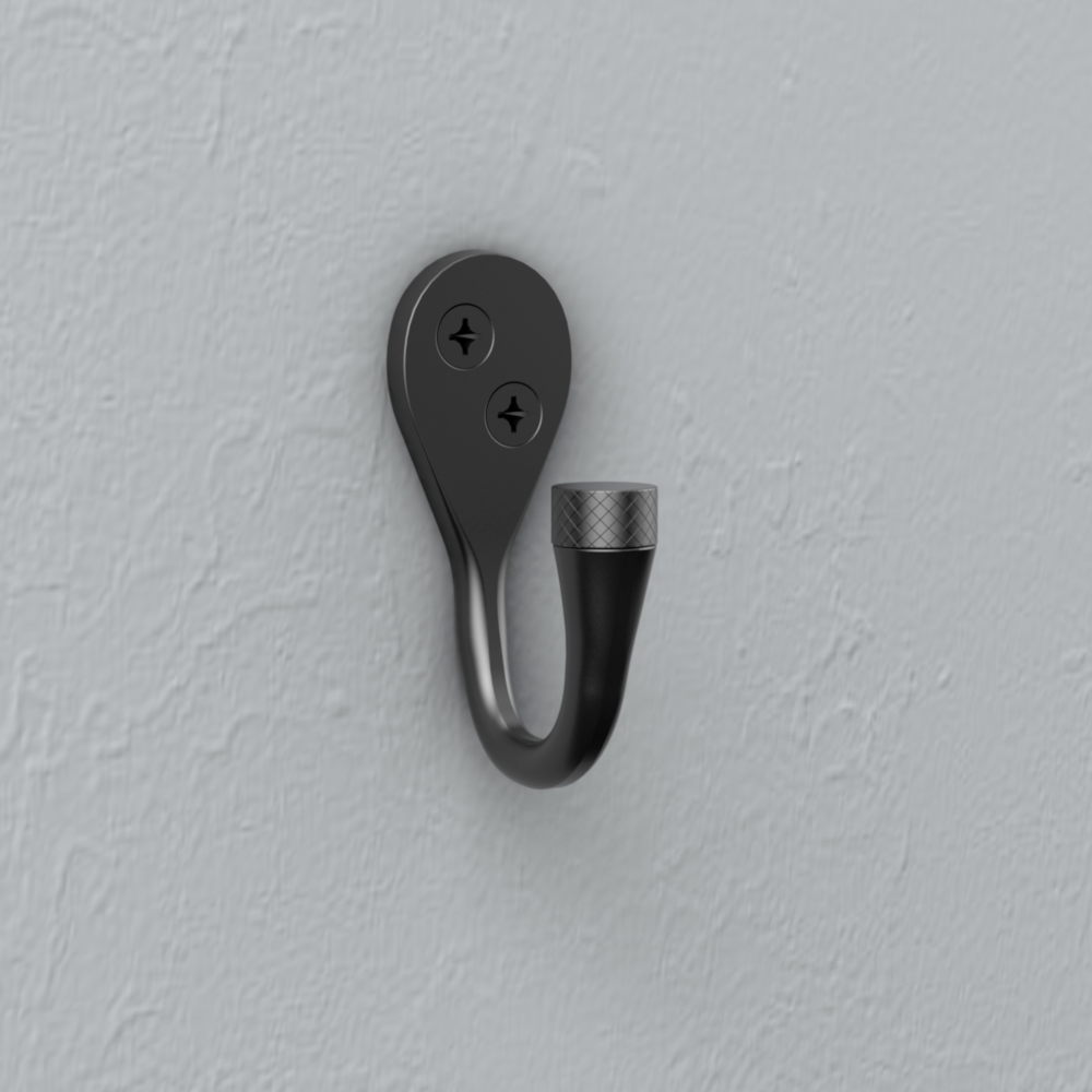 Matte black knurled hook with two screws for secure attachment in storage and organization under $50 home improvement