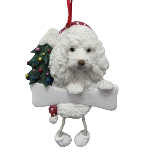 White Maltipoo dog Christmas ornament with dangling legs holding a bone and decorated tree, festive holiday decor under $50