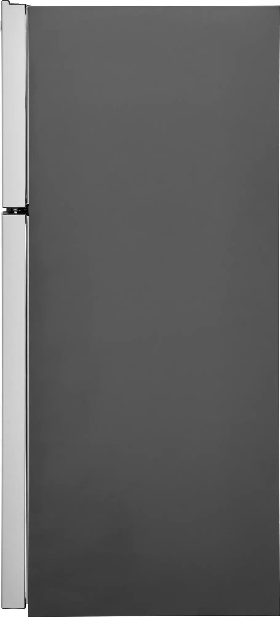 Side profile of a sleek gray garage-ready top freezer refrigerator in kitchen appliance collection