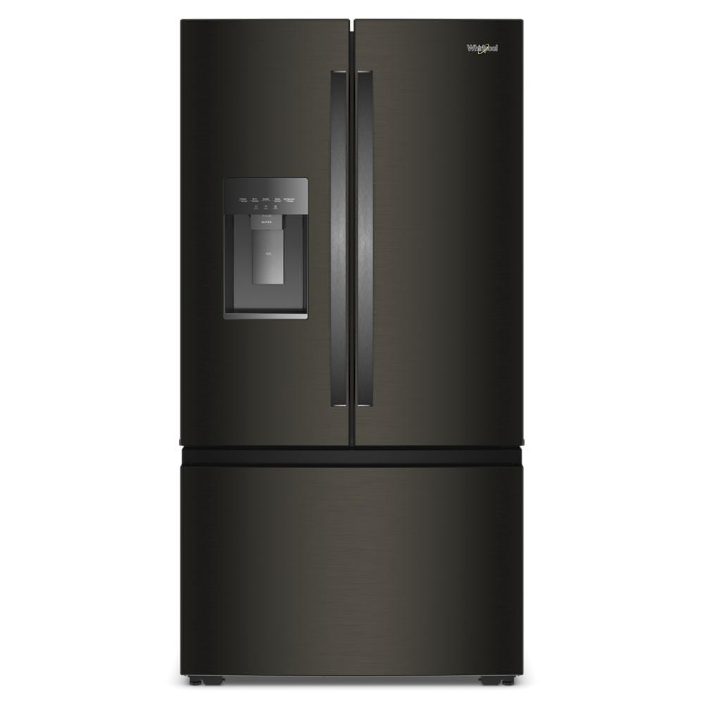 Black stainless steel 36-inch wide French door refrigerator with water dispenser and bottom freezer in appliances collection