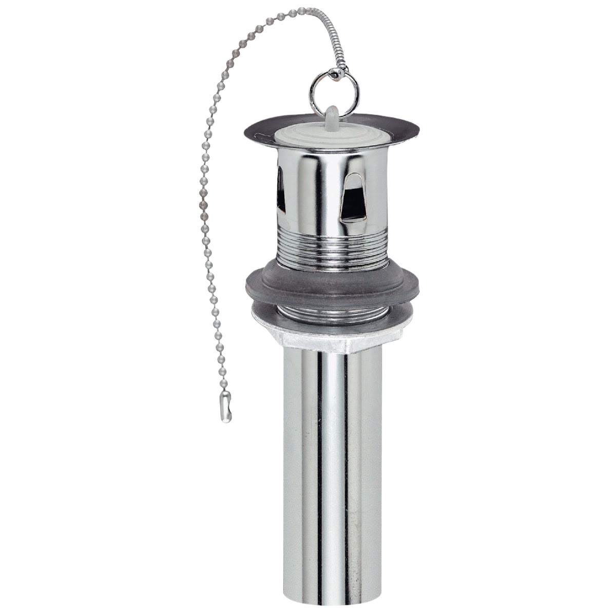 Polished chrome tubular pull out plug with chain for lavatory overflow, suitable for plumbing and home improvement projects under $50