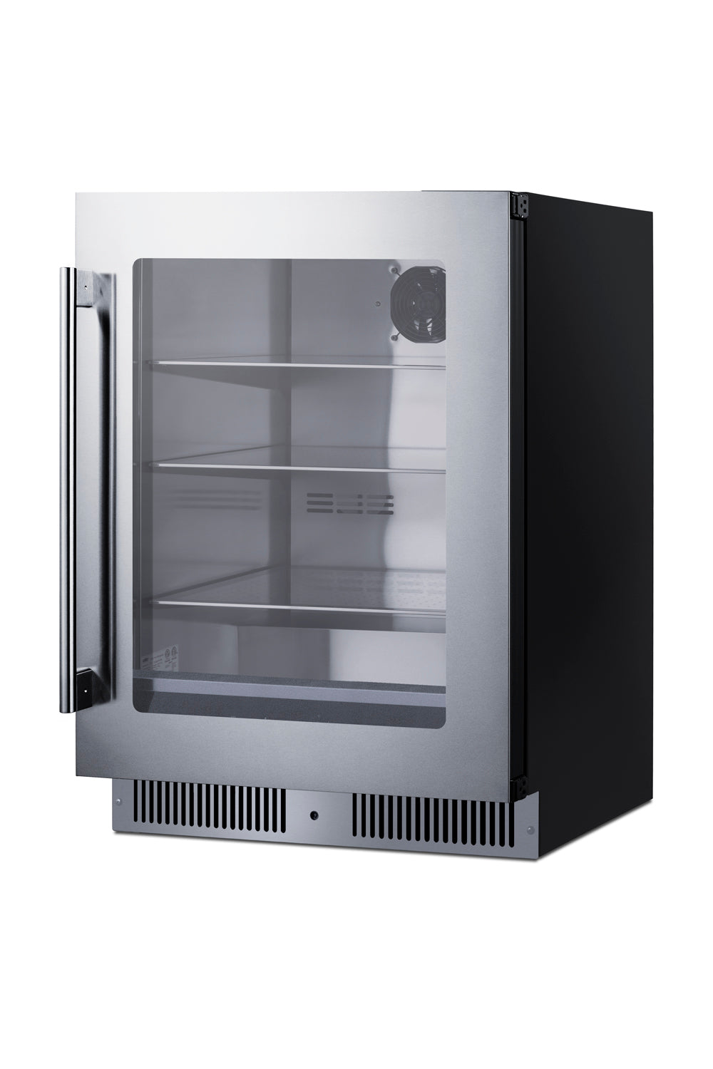 Compact built-in beverage center with glass door, stainless steel frame, and three interior shelves for kitchen or bar use