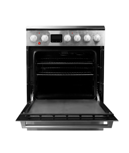 Open stainless steel and black slide-in smoothtop range with control knobs and digital display from ranges collection