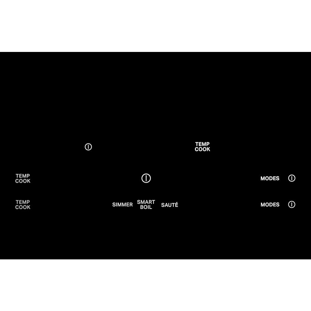Control panel of black induction cooktop showing Temp Cook, smart boil, simmer, and sauté cooking modes from KitchenAid appliances collection