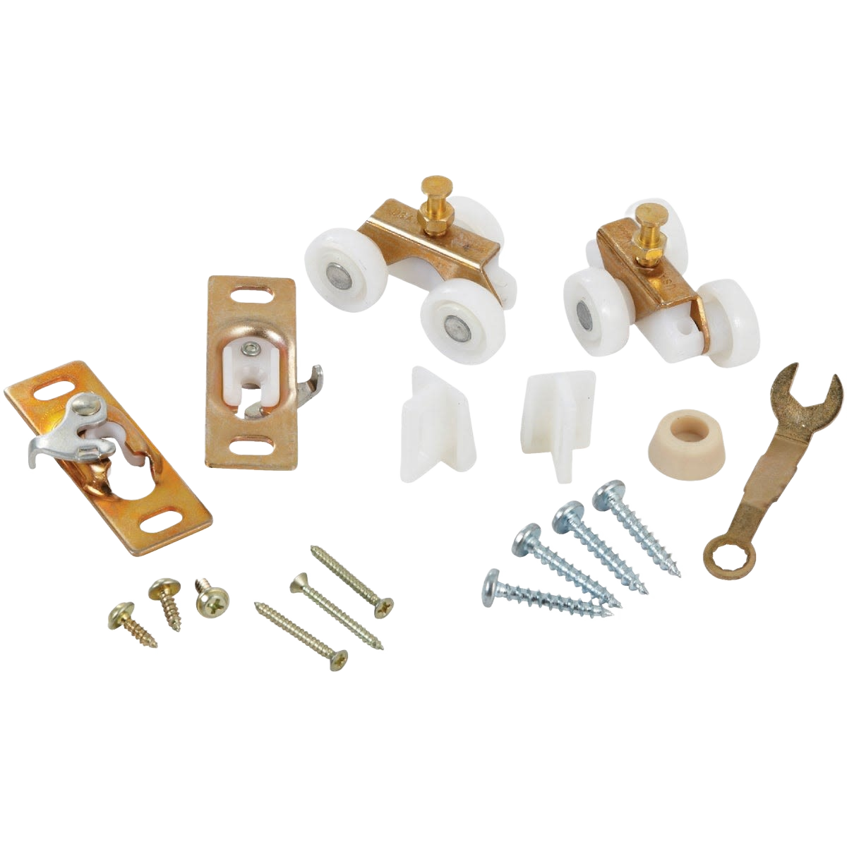 Brass and white nylon roller hardware set with screws and wrench for pocket door installation and home improvement projects